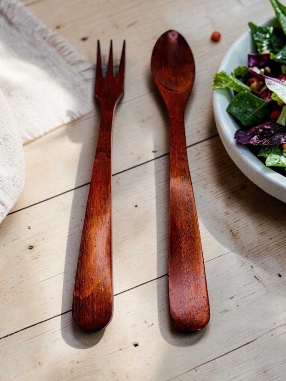 Vintage Handcrafted Wooden Salad Server Set – Mid Century Modern Serving Utensil
